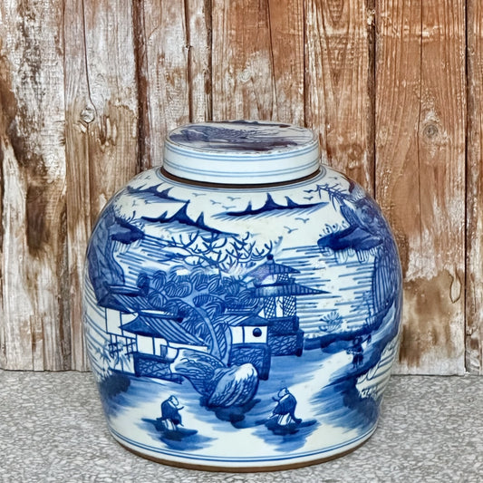 Blue and White Porcelain Landscape Lidded Round Storage Jar