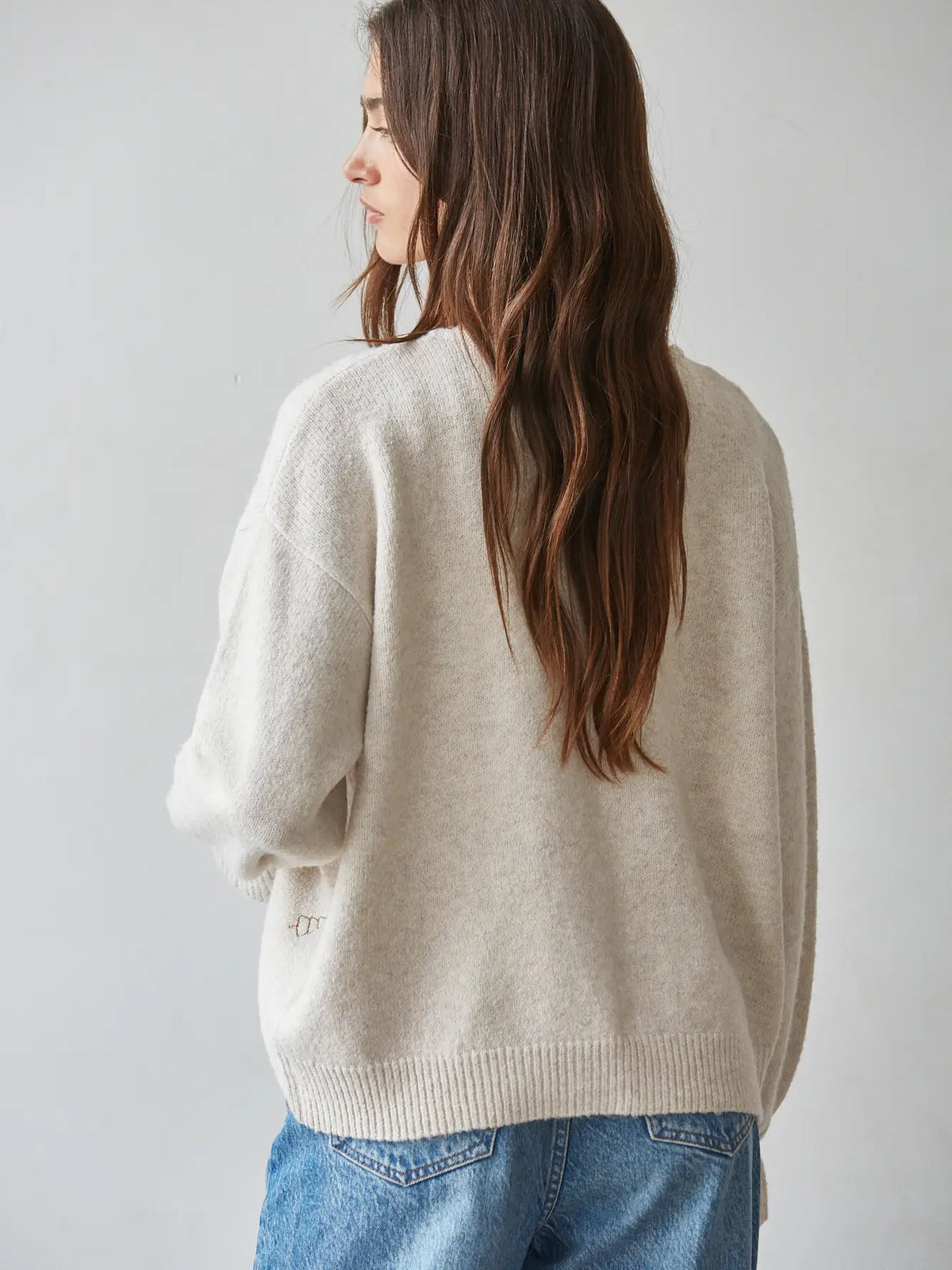 Knit Cardigan with Front Tie Straps and Embroidery Natural Red