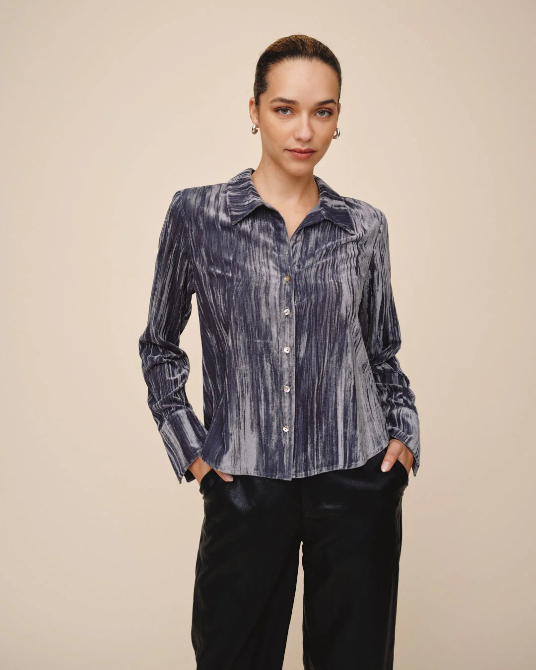 Flowy Wide Collar Button Down Velvet Storm