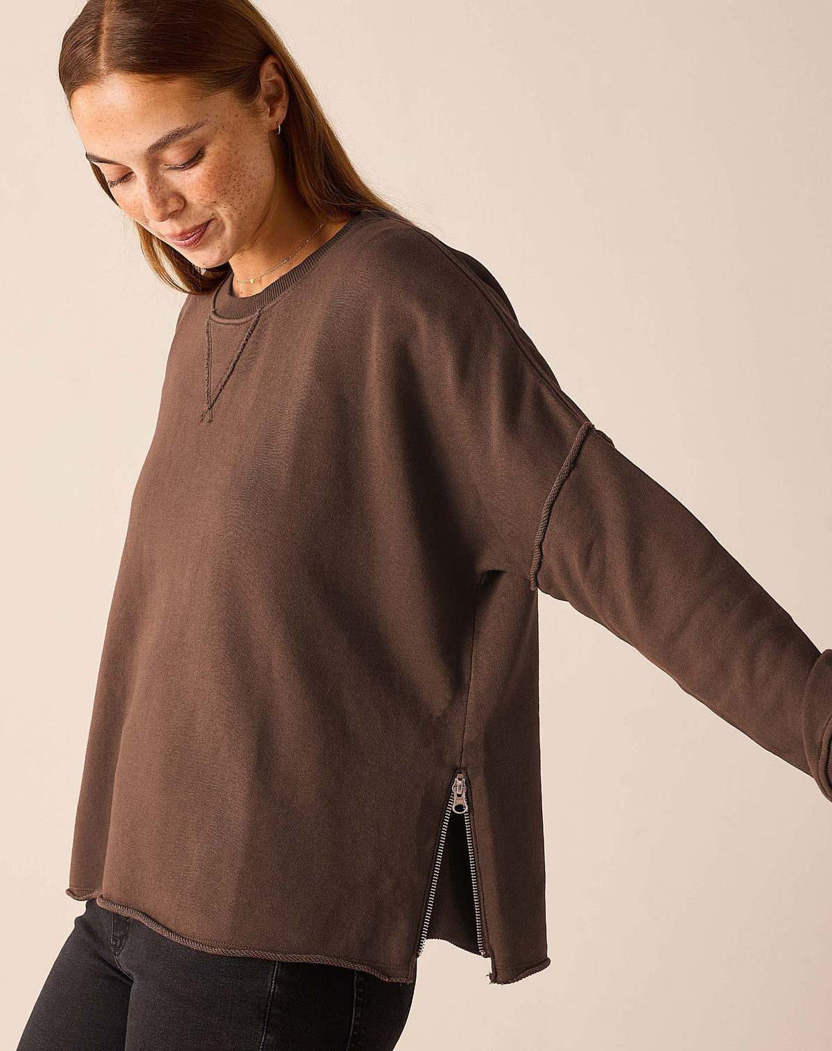 Frenchie Zip Side Crewneck Espresso