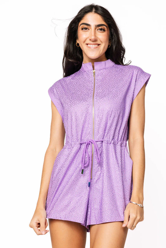 Purple Rhinestone Zip Up Romper