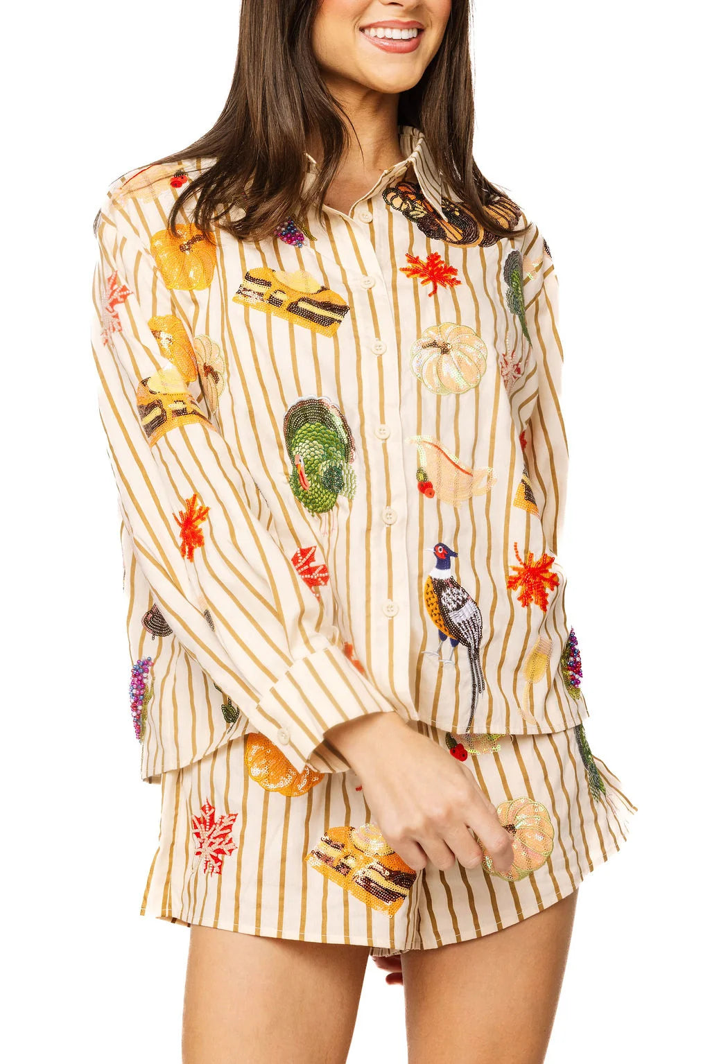 Beige Striped Thanksgiving Icon Cotton Button Up Top