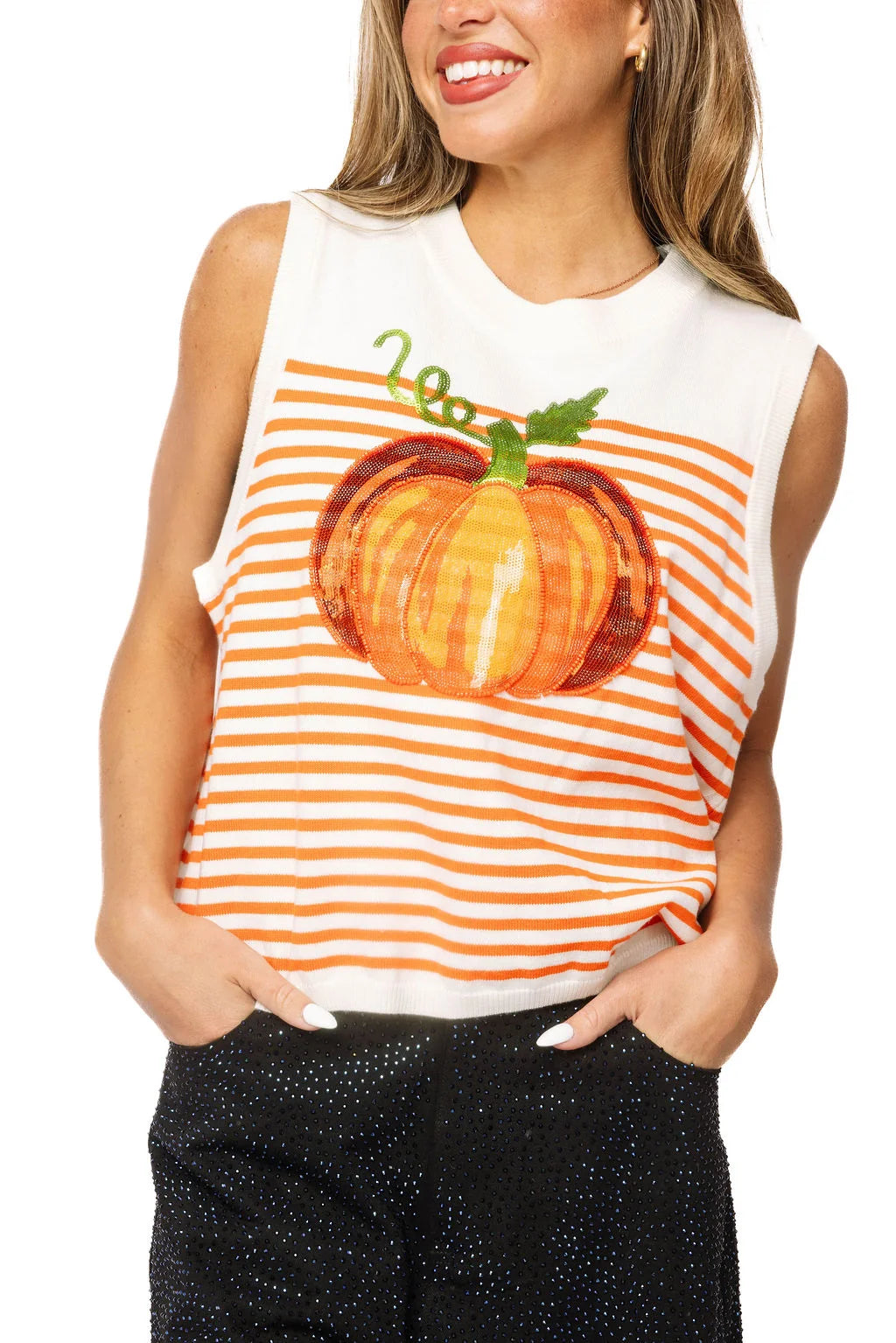 Ivory & Orange Striped Pumpkin Knit Tank