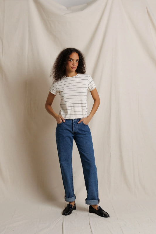Stripe Cotton SS Vintage Fitted Crew Natural & Black Stripe