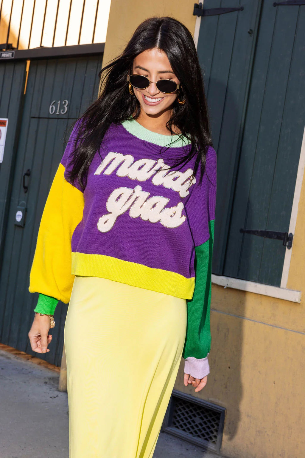 Colorblock Fuzzy Mardi Gras Sweater