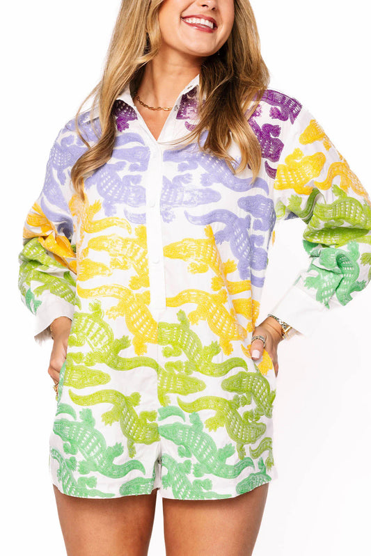White, Purple, Yellow & Green Alligator Button Up Cotton Romper