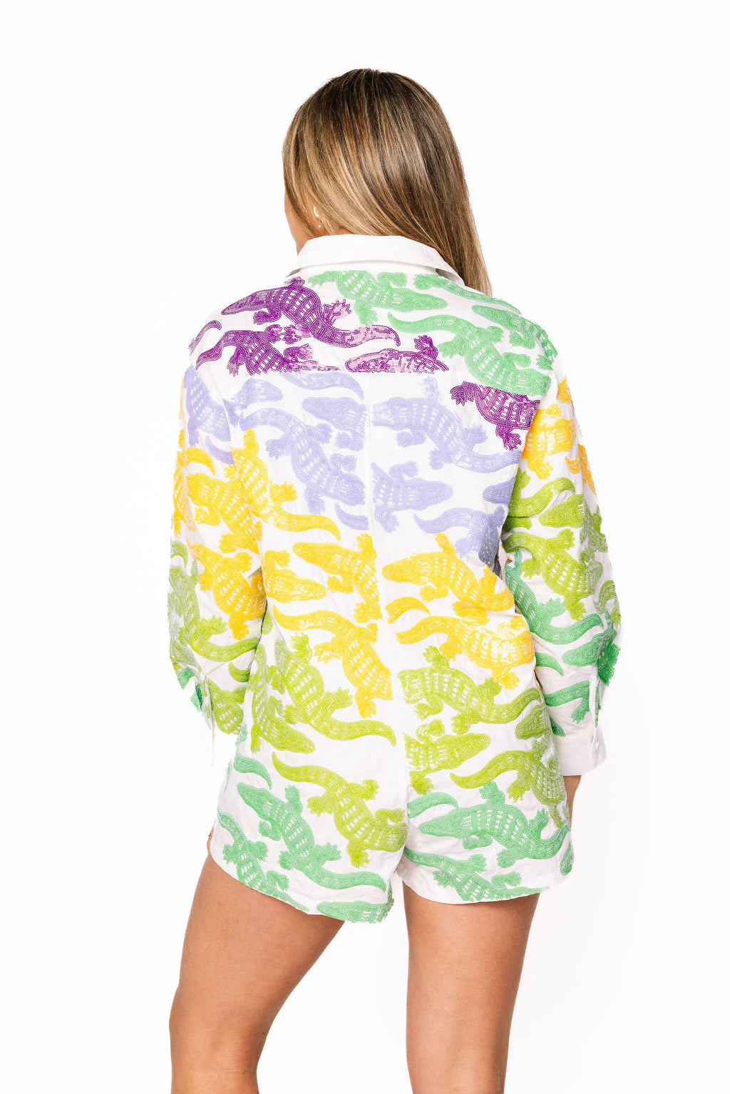 White, Purple, Yellow & Green Alligator Button Up Cotton Romper