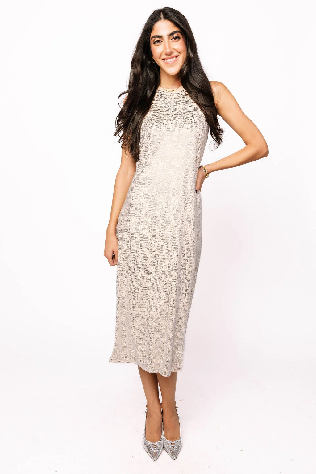 Beige Full Rhinestone Active Midi Dress