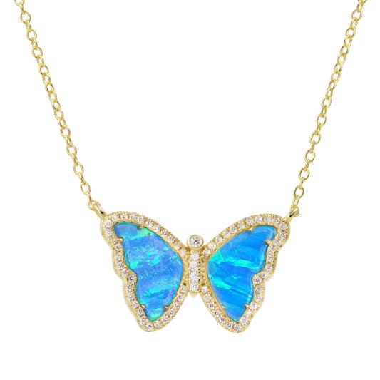 Blue Green Opal Butterfly Necklace with Stripes