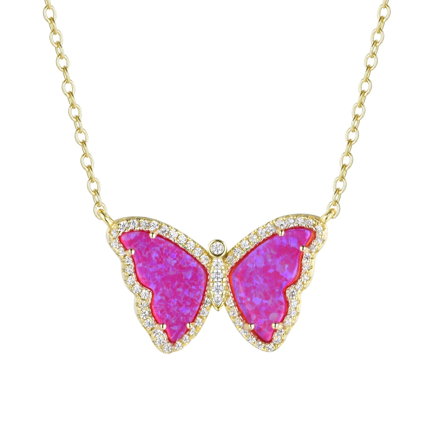 Fuchsia Opal/ Gold Butterfly Necklace With Crystals