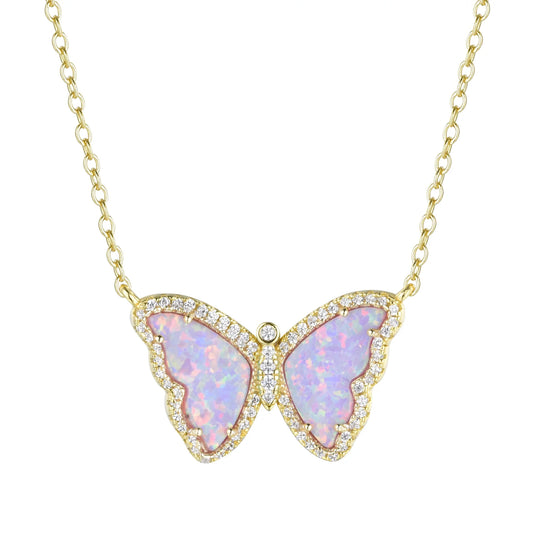 Blue Green Opal/ Gold Butterfly Necklace With Crystals