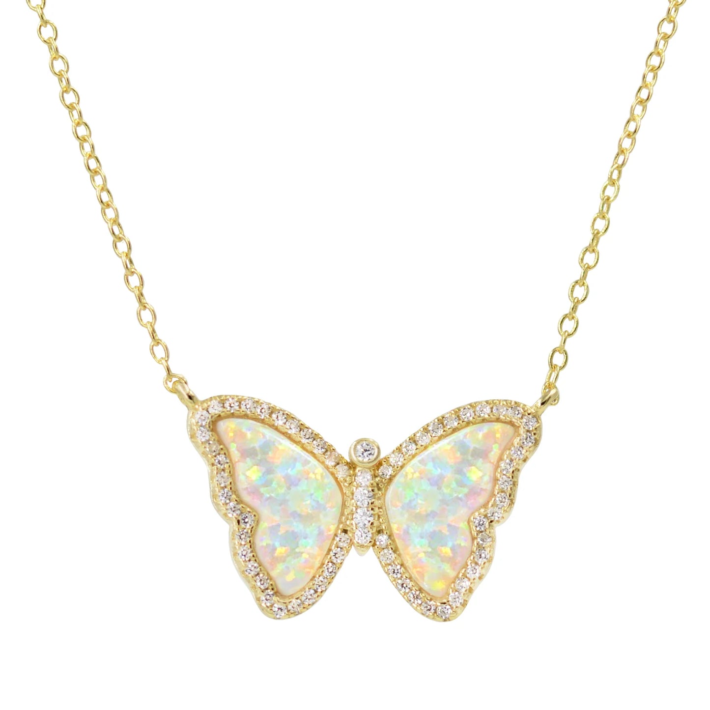 White Opal Butterfly Necklace with Crystals