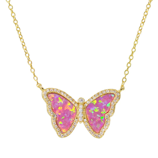 Pink Opal/ Gold Butterfly Necklace With Crystals