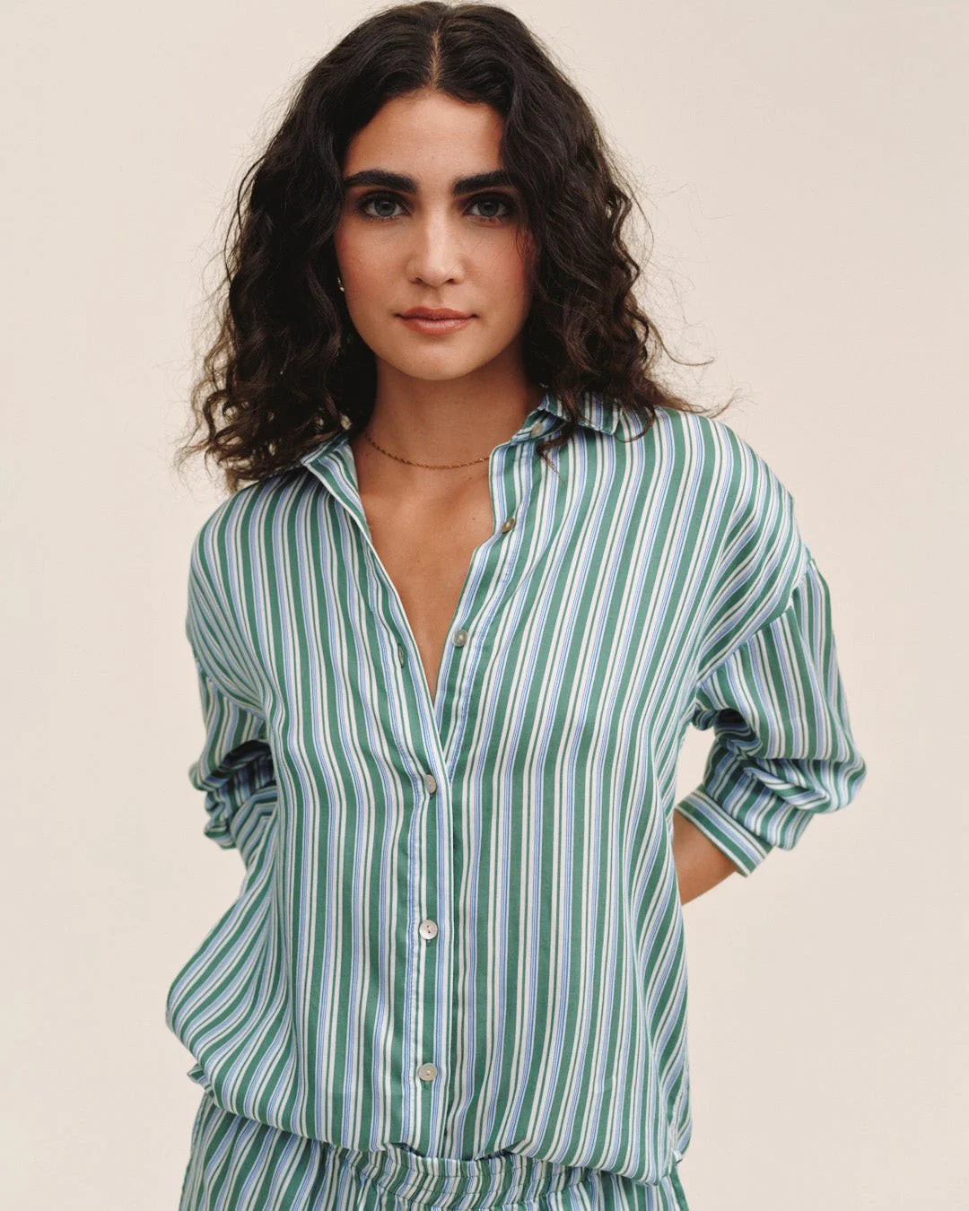 Oversized Button Down Emerald Surf Stripe