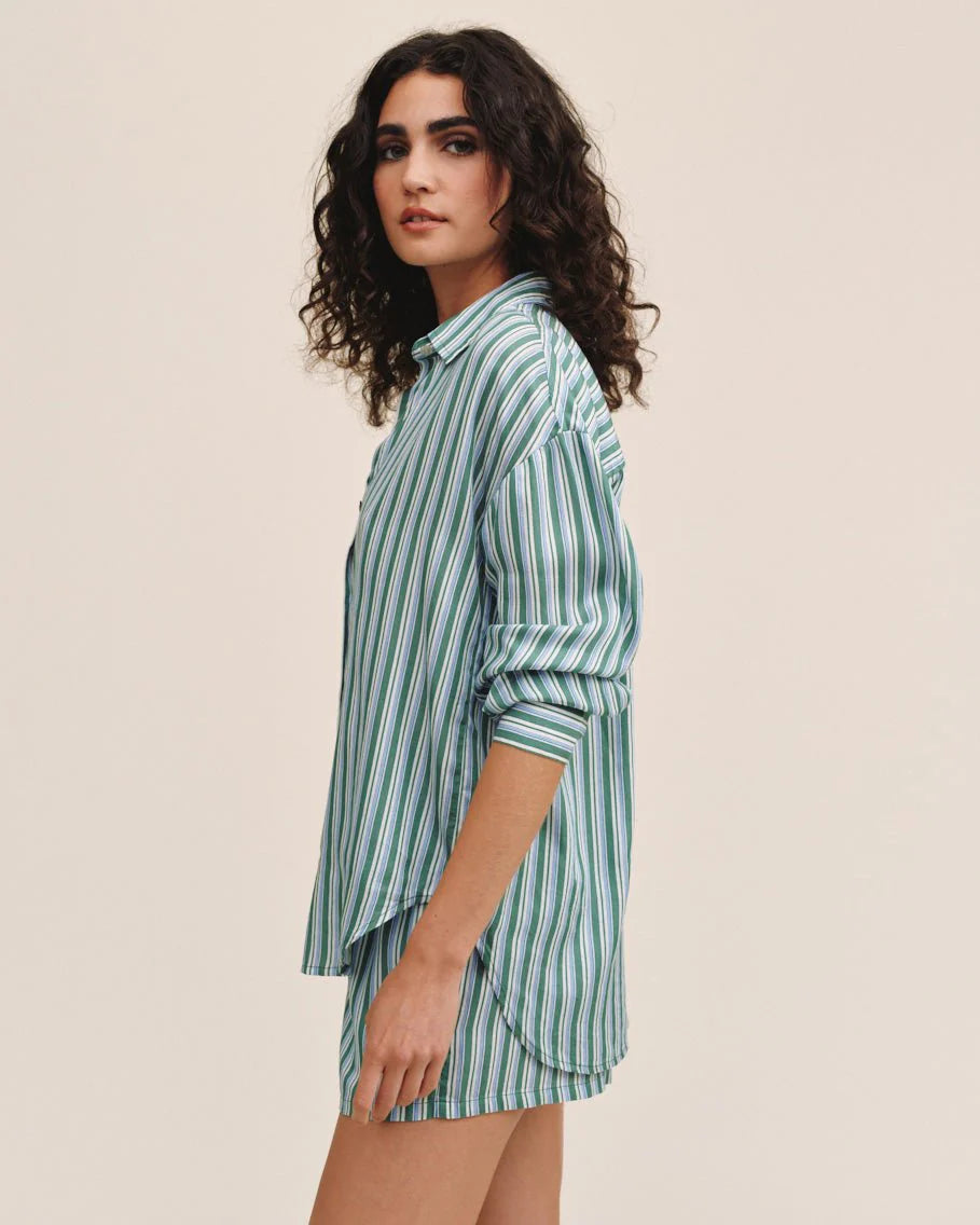 Oversized Button Down Emerald Surf Stripe