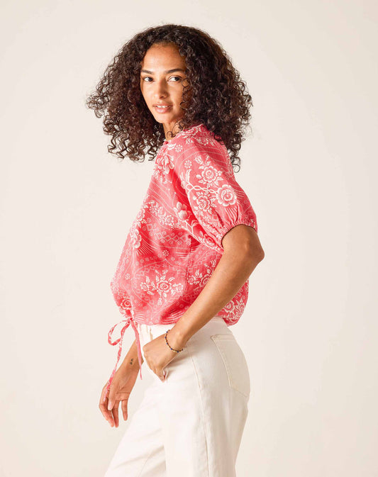 Poète Short Sleeve Linen Top Coral Rose Bandana Print