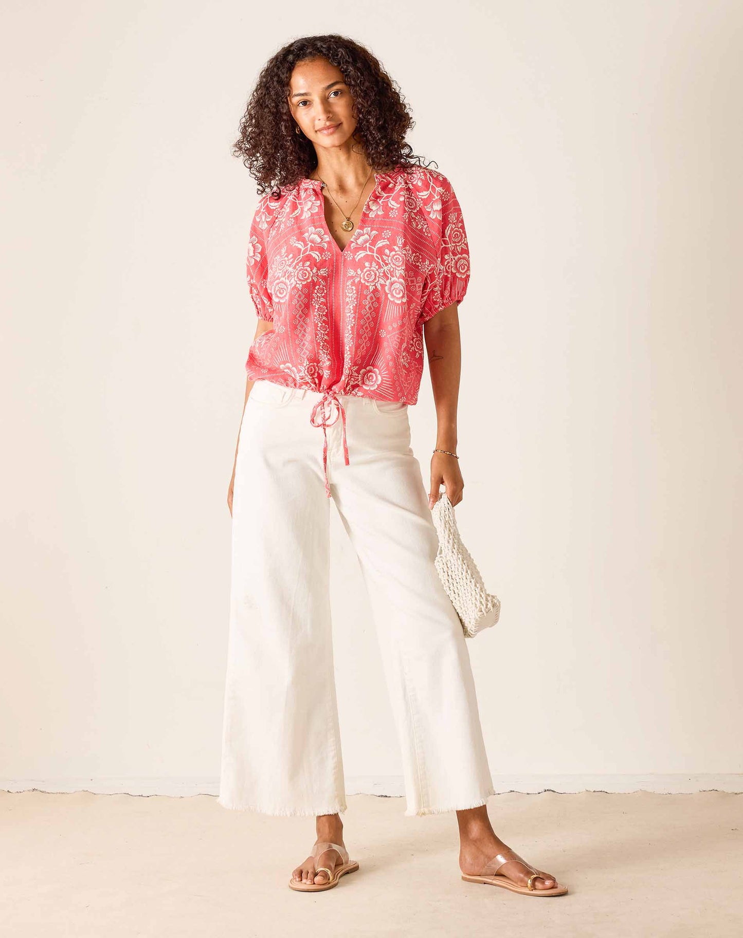 Poète Short Sleeve Linen Top Coral Rose Bandana Print