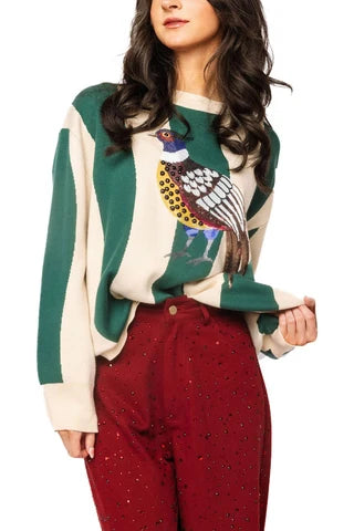 Teal & Beige Wavy Stripe Pheasant Sweater