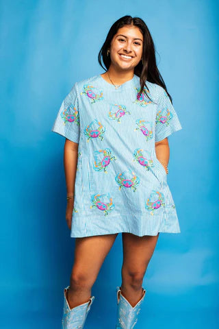 Blue Striped Rainbow Crab Cotton Dress