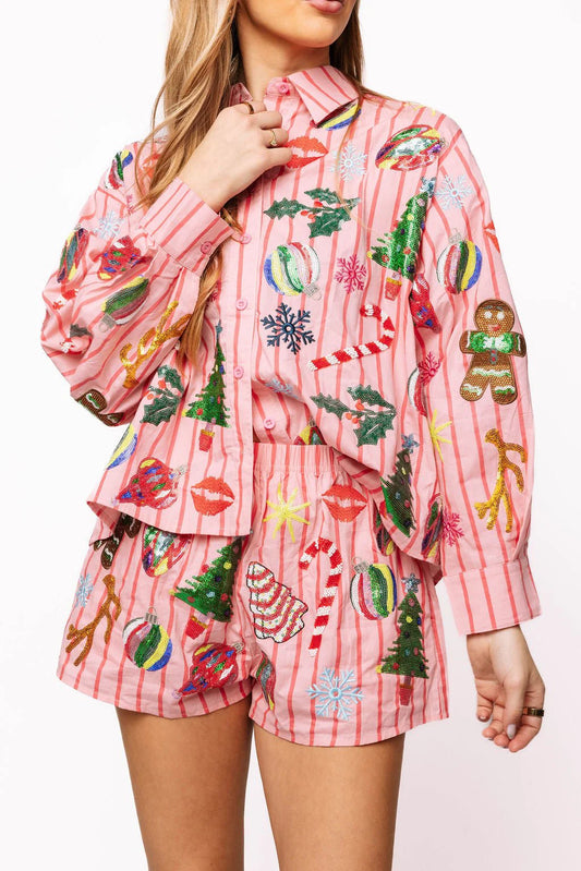 Light Pink & Red Stripe Christmas Icons Button Up Top