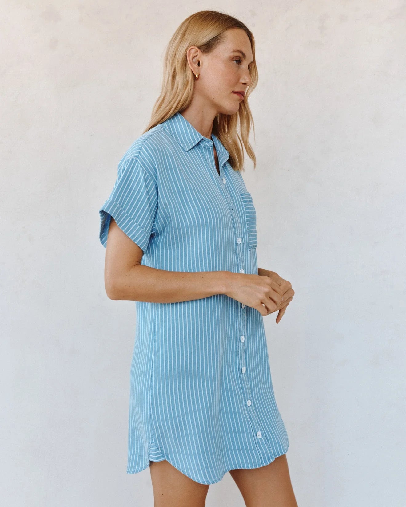Roll Sleeve Pocket Shirt Dress Coastal Stripe Wash