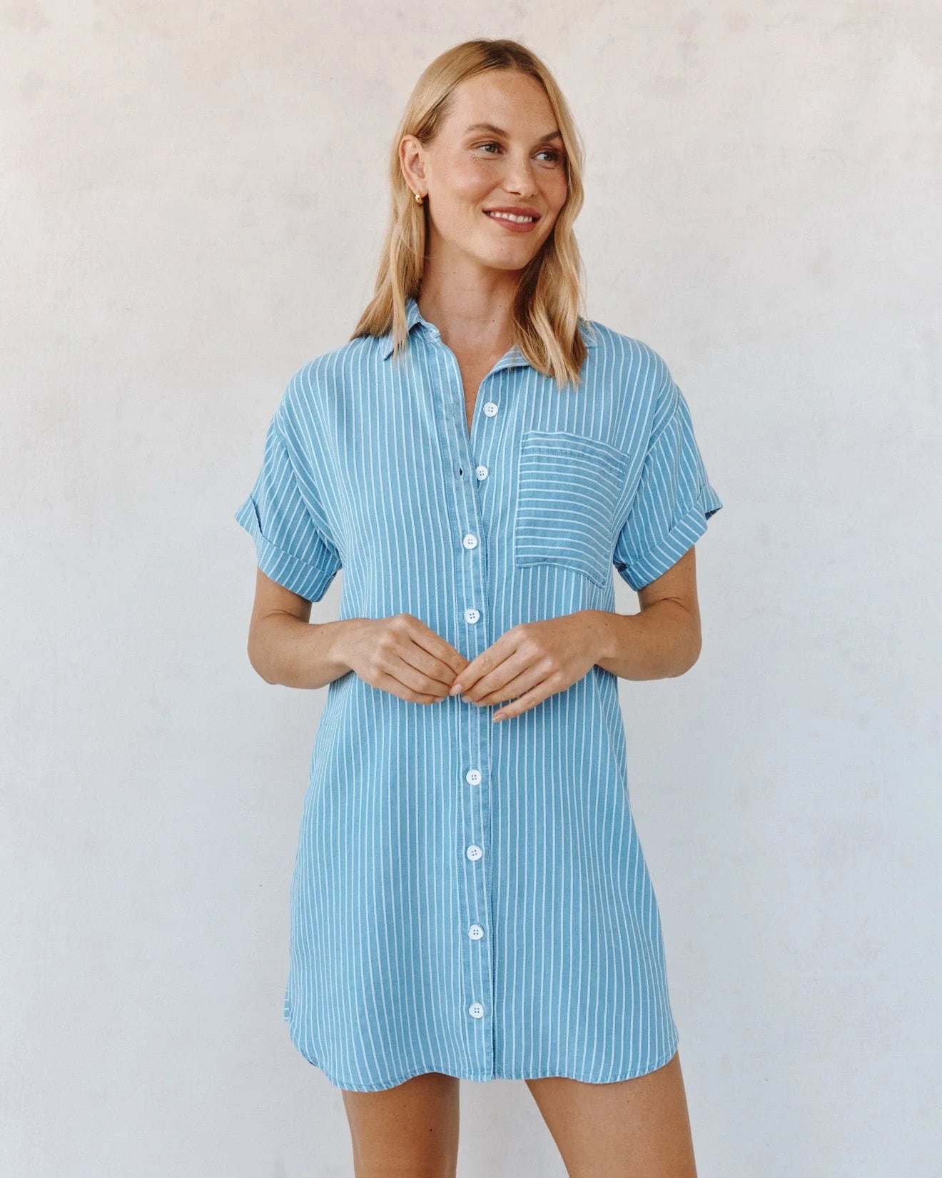 Roll Sleeve Pocket Shirt Dress Coastal Stripe Wash