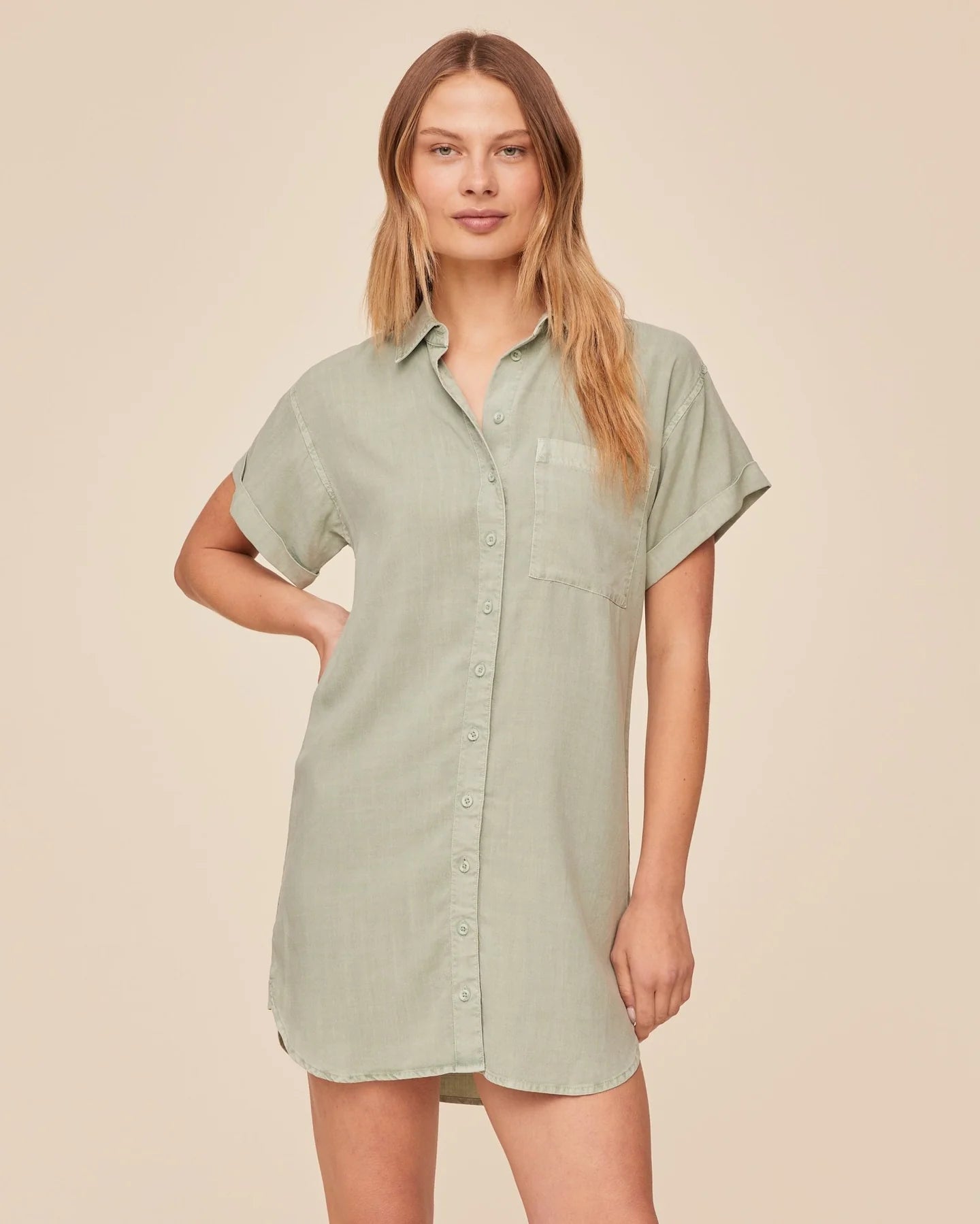 Roll Sleeve Pocket Shirt Dress Oasis Green