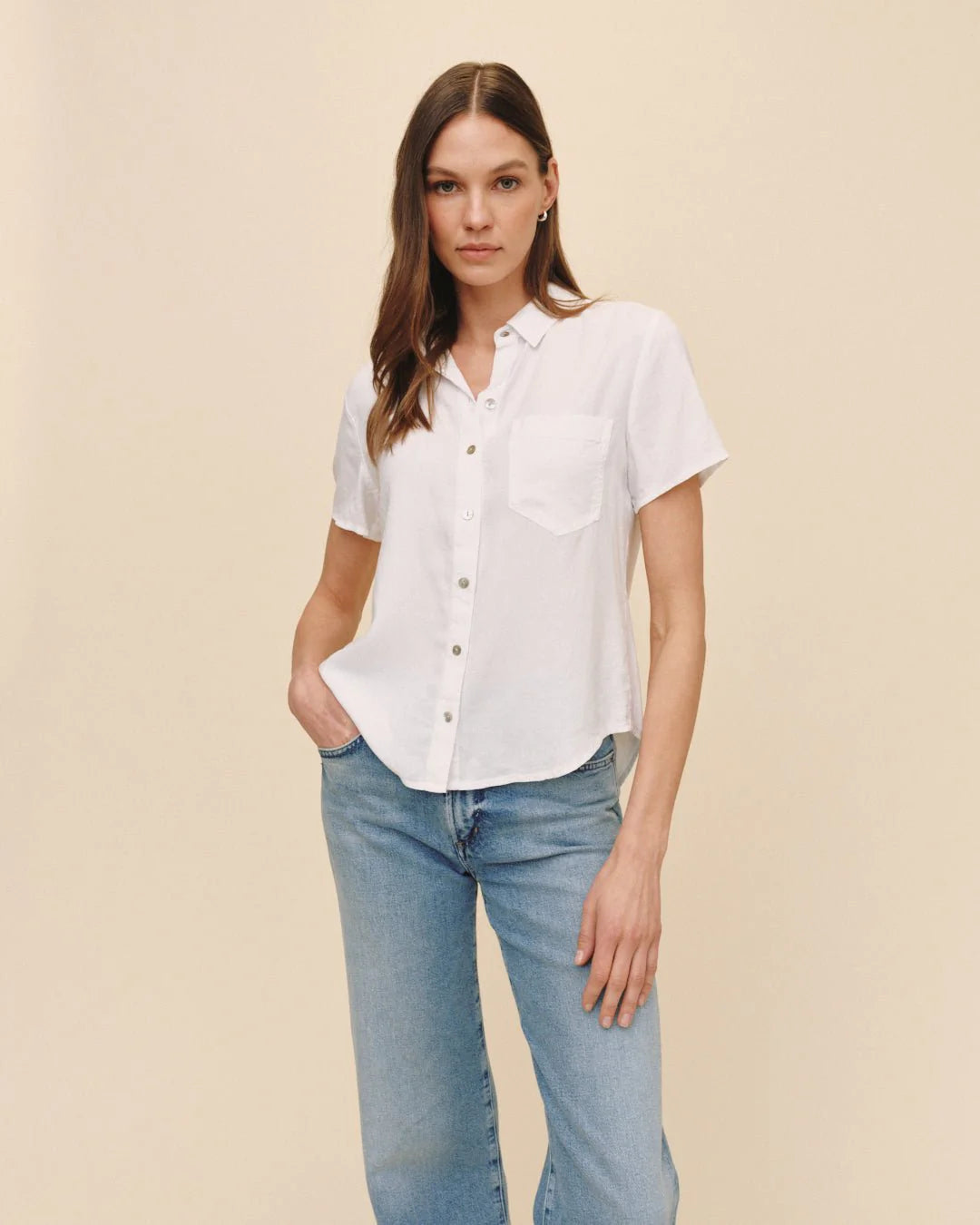 Short Sleeve Pocket Button Down White