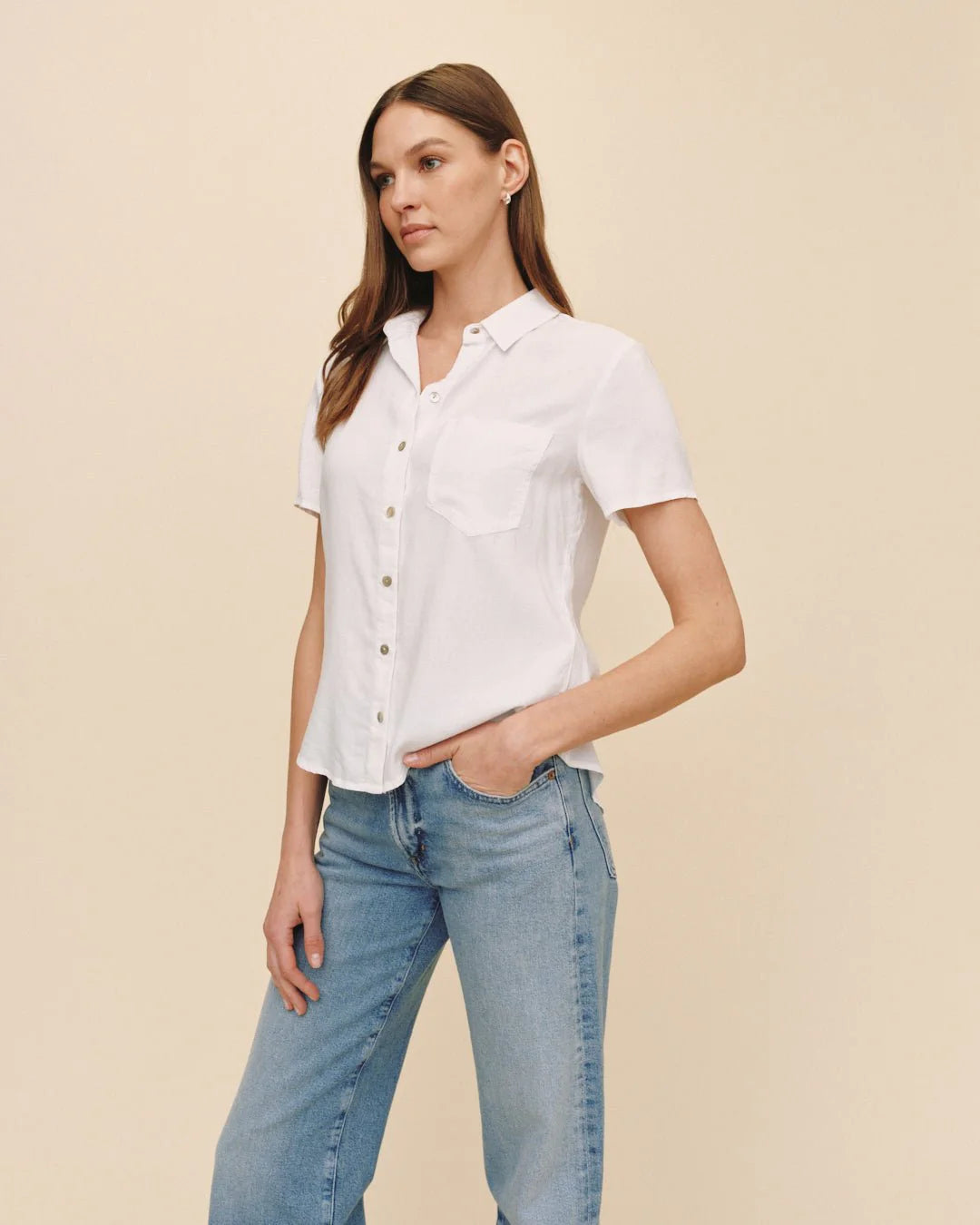 Short Sleeve Pocket Button Down White