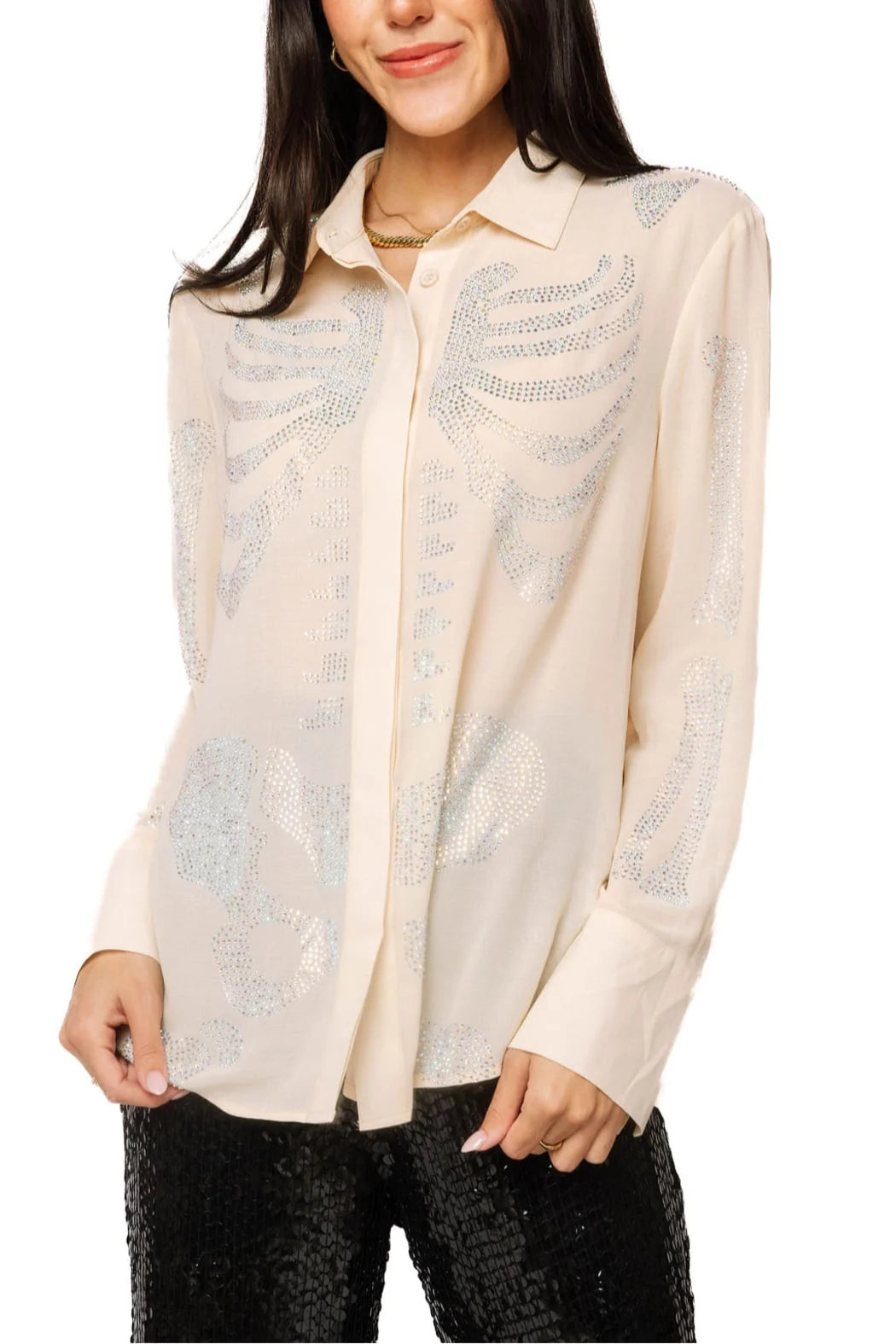 Beige Silk Rhinestone Skeleton Button Down Top