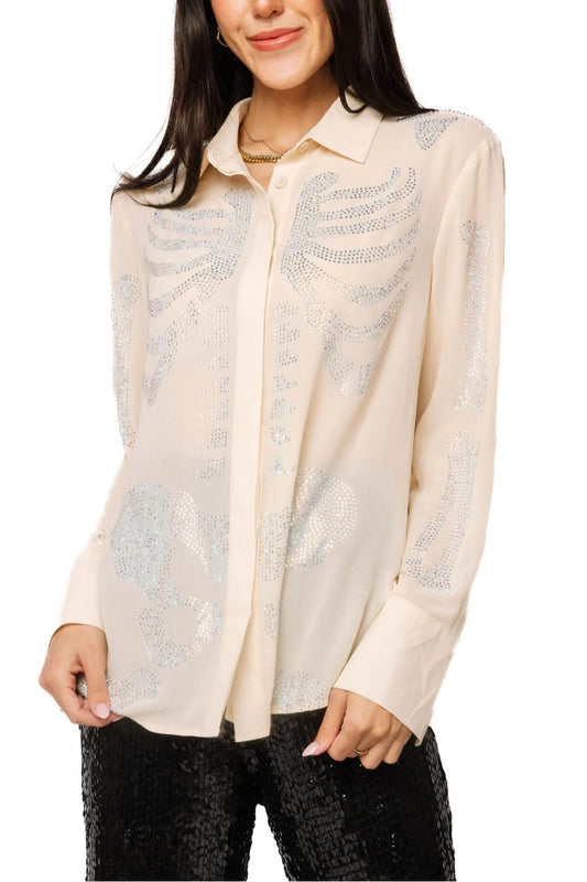 Beige Silk Rhinestone Skeleton Button Down Top