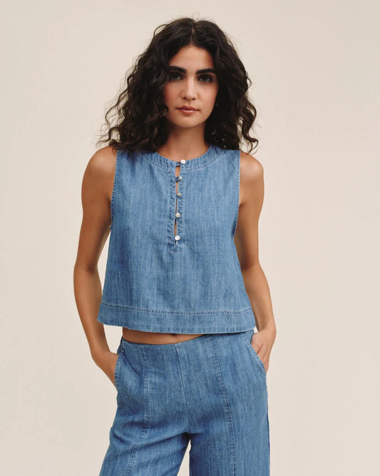 Sleeveless Placket Pullover Island Blue Wash
