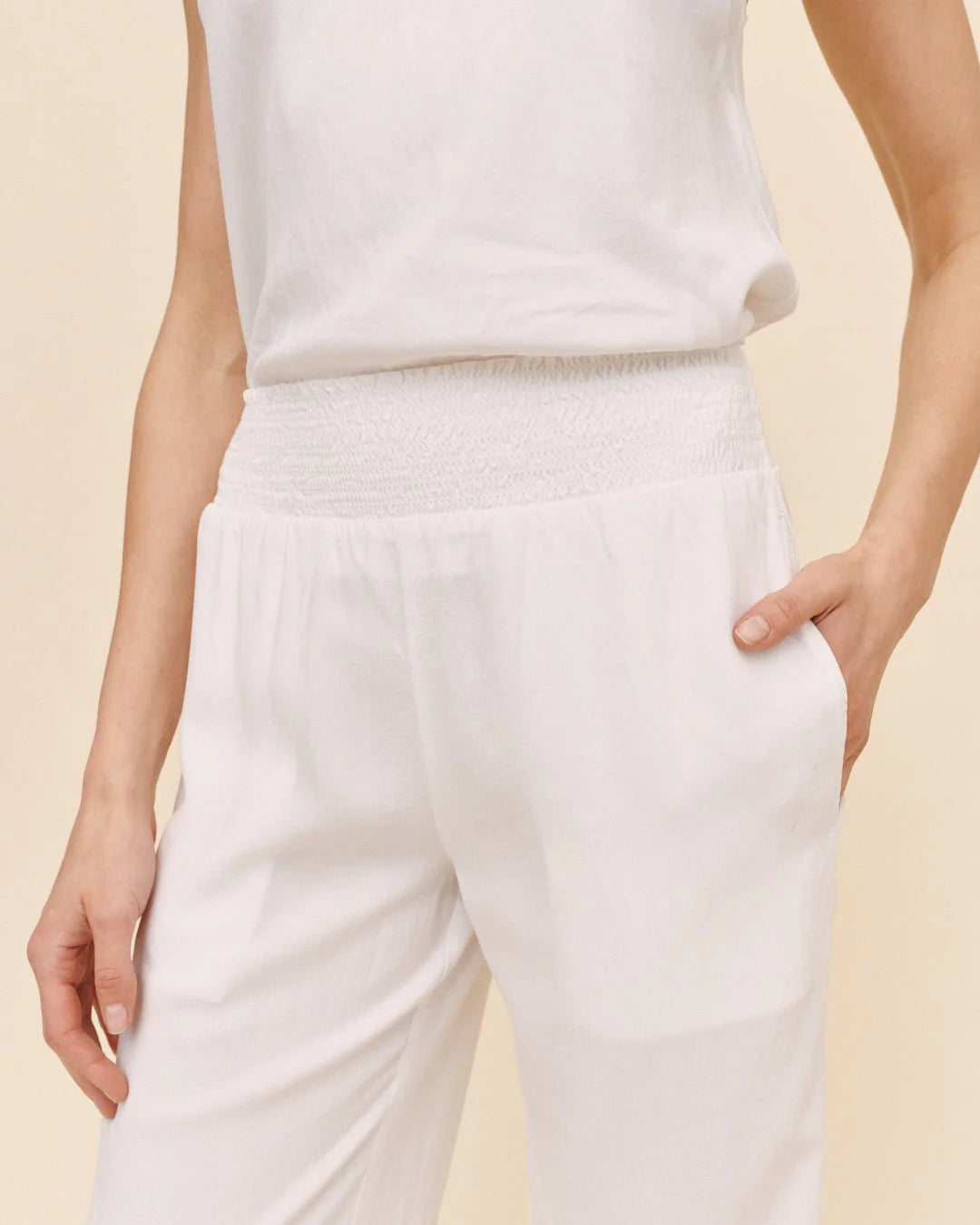 Smocked Waist Wide Leg Pant White