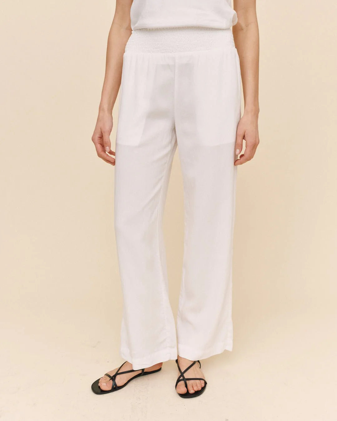 Smocked Waist Wide Leg Pant White
