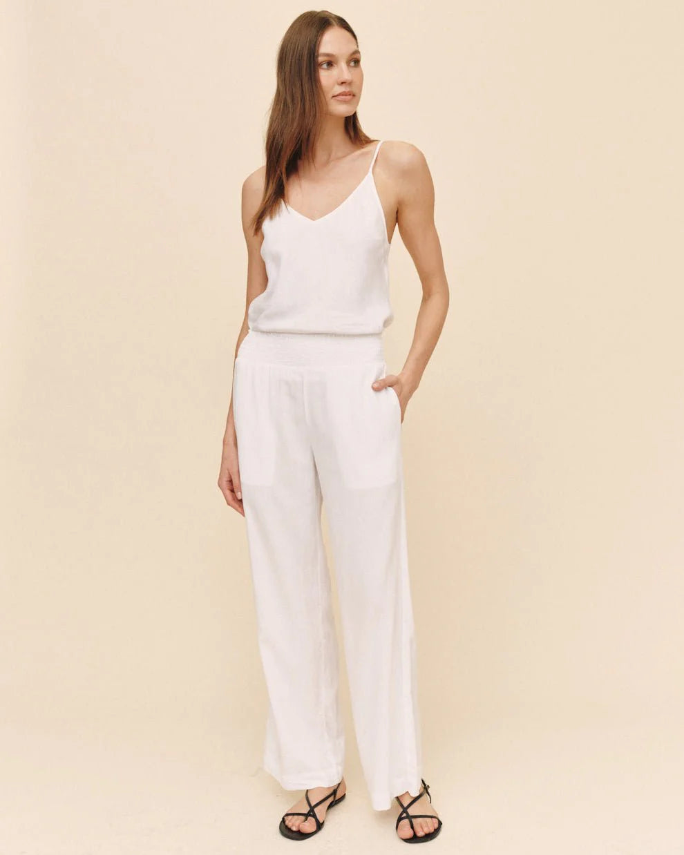 Smocked Waist Wide Leg Pant White