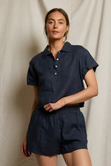 Linen Pull Over Cropped Woven Polo Navy