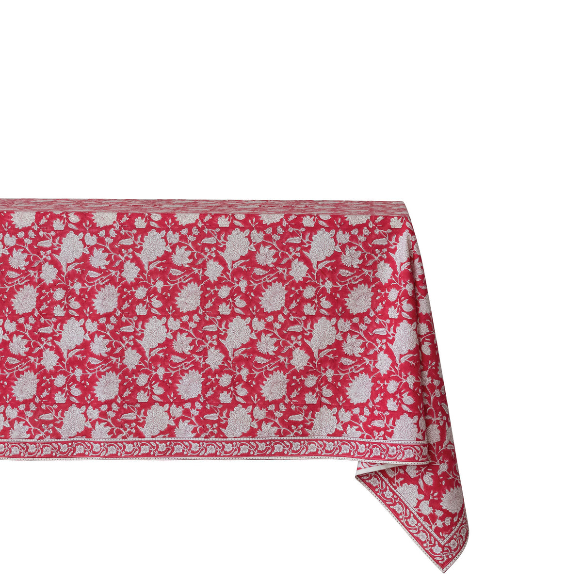 Cotton Block Print Tablecloth with Floral Pattern, Red & White