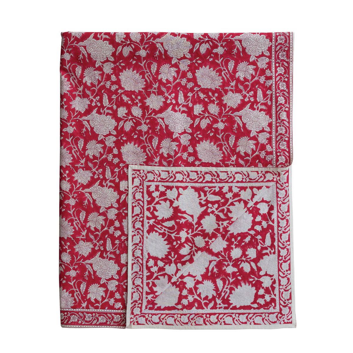 Cotton Block Print Tablecloth with Floral Pattern, Red & White