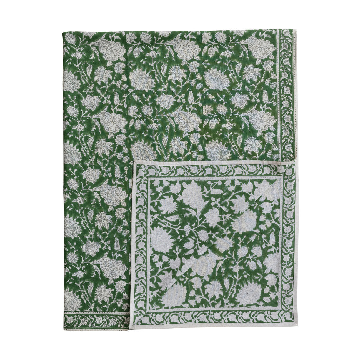 Cotton Block Print Tablecloth with Floral Pattern, Green & White