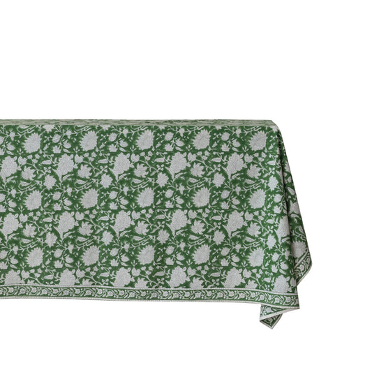 Cotton Block Print Tablecloth with Floral Pattern, Green & White